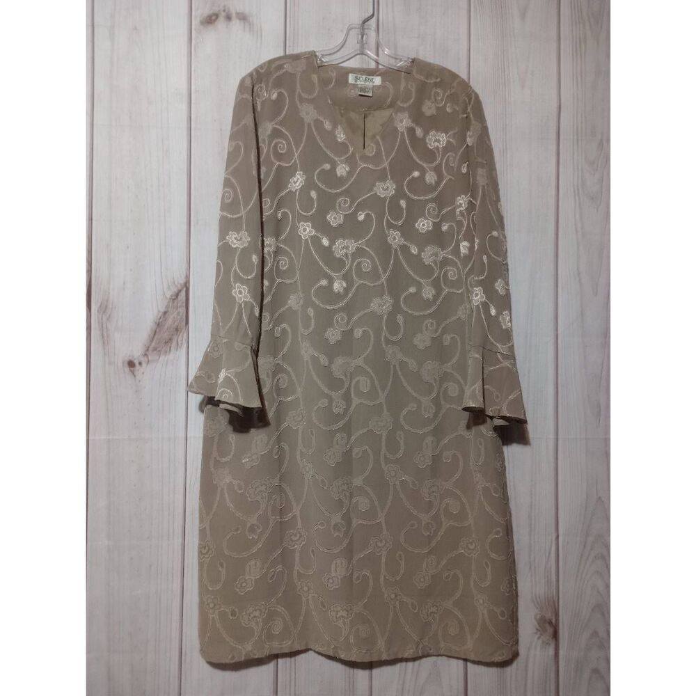 Selene Sport Tan Floral Embroidered V-Neck Bell Sleeve Shift Dress XL